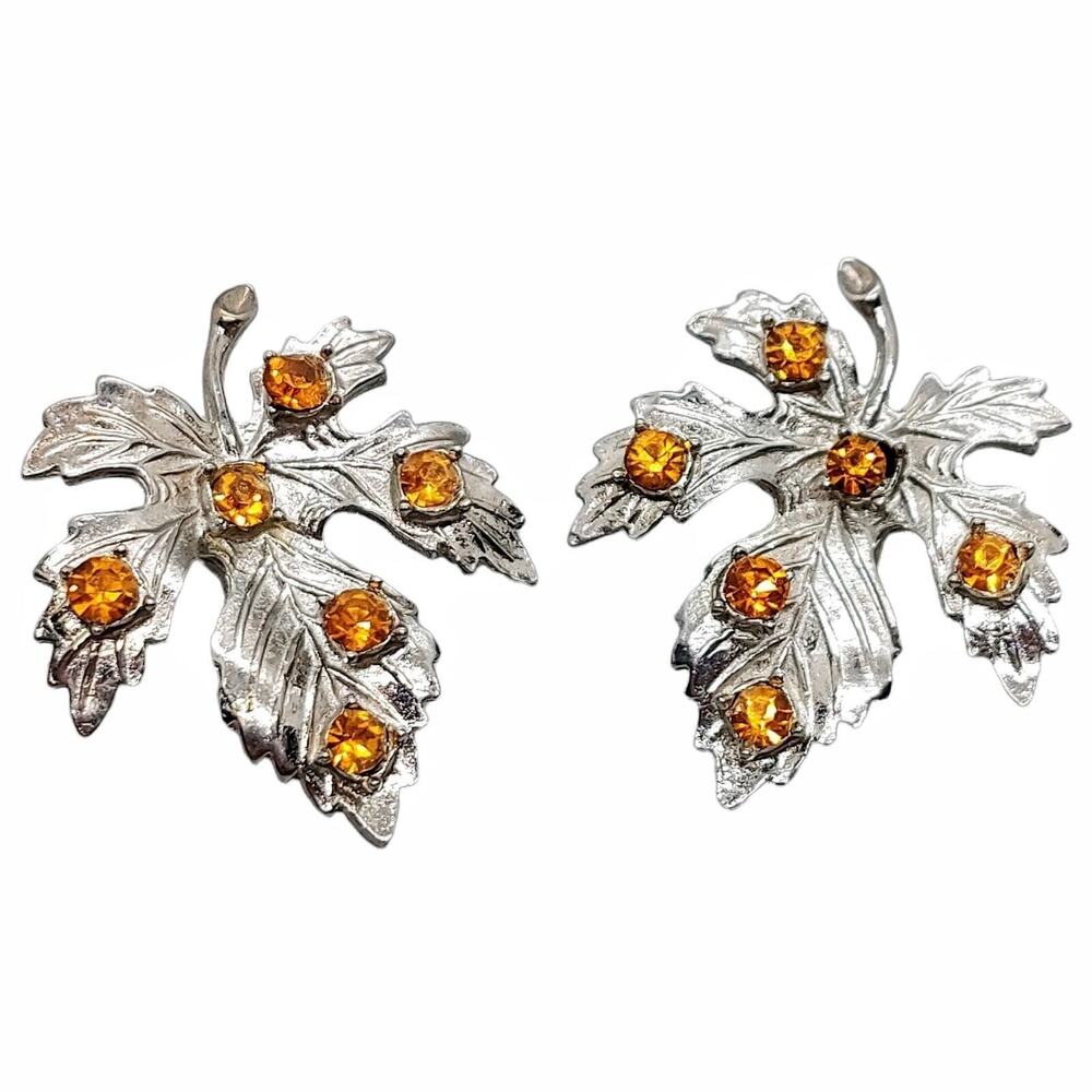 Vintage Mid Century Silver Tone Maple Leaf Clip On Earrings Amber Topaz Fall 50s